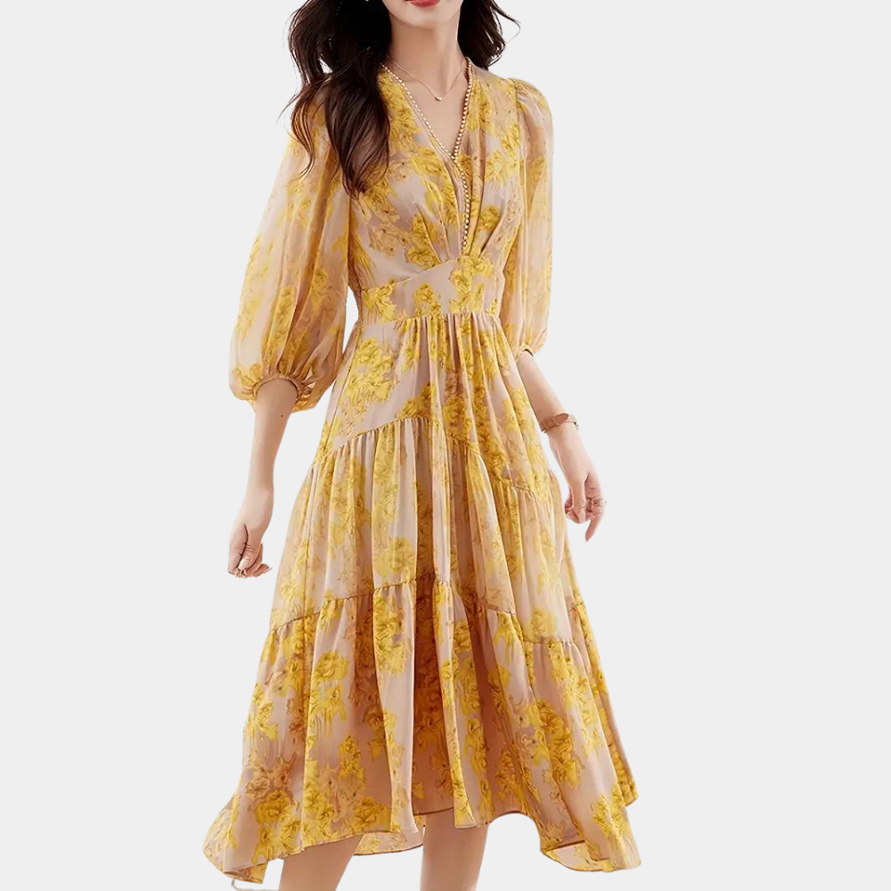Herbstliches Blumenkleid mit elastischem Stoff – Maëlle