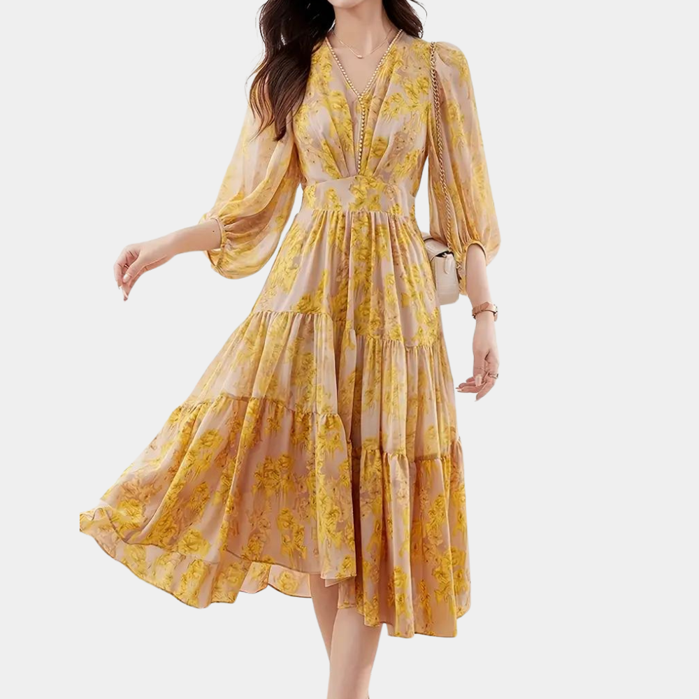 Herbstliches Blumenkleid mit elastischem Stoff – Maëlle