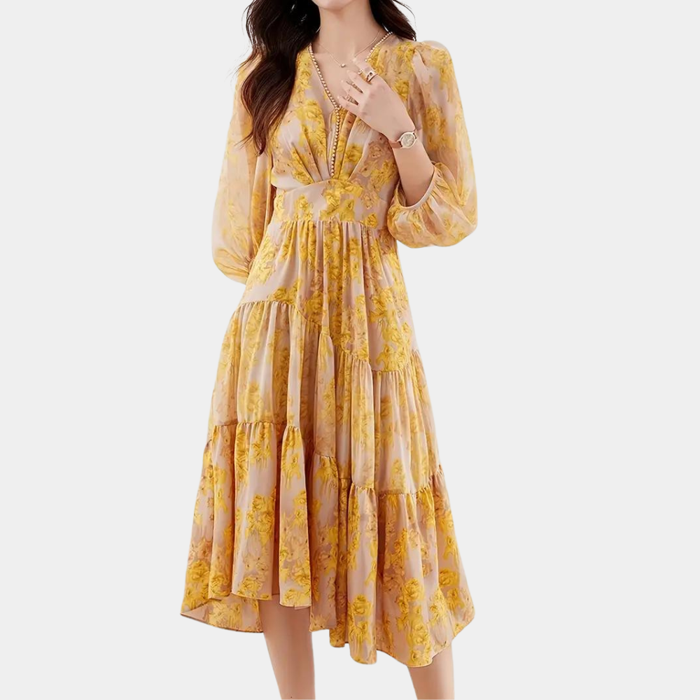 Herbstliches Blumenkleid mit elastischem Stoff – Maëlle