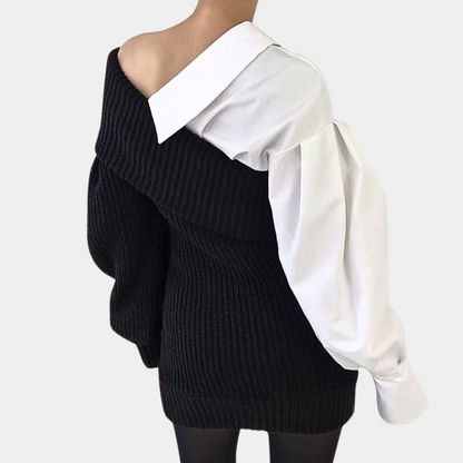 Gebrüschtes Off-Shoulder Kleid mit kontrastierenden Ärmeln – Selina