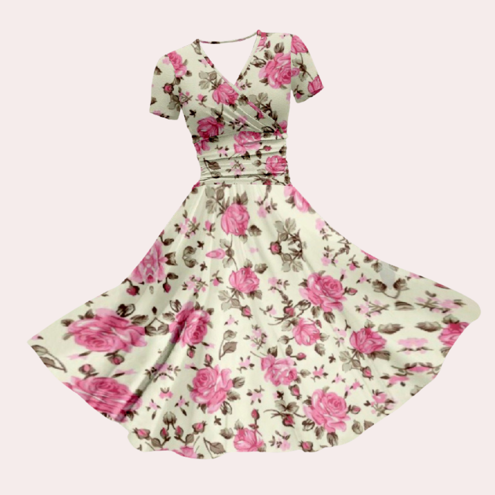 Herbstliches Buntes Midi-Kleid mit V-Ausschnitt – Selina