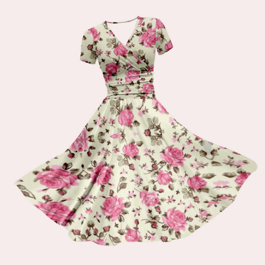 Herbstliches Buntes Midi-Kleid mit V-Ausschnitt – Selina