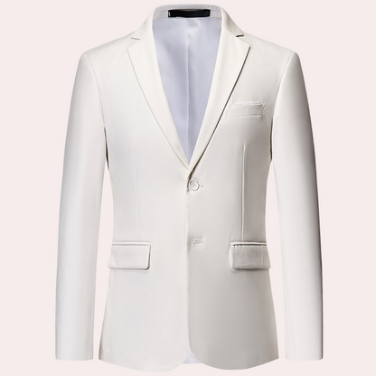 Weißer Herrenblazer, elegantes Design, einreihig, Anzugjacke, formelle Kleidung.
