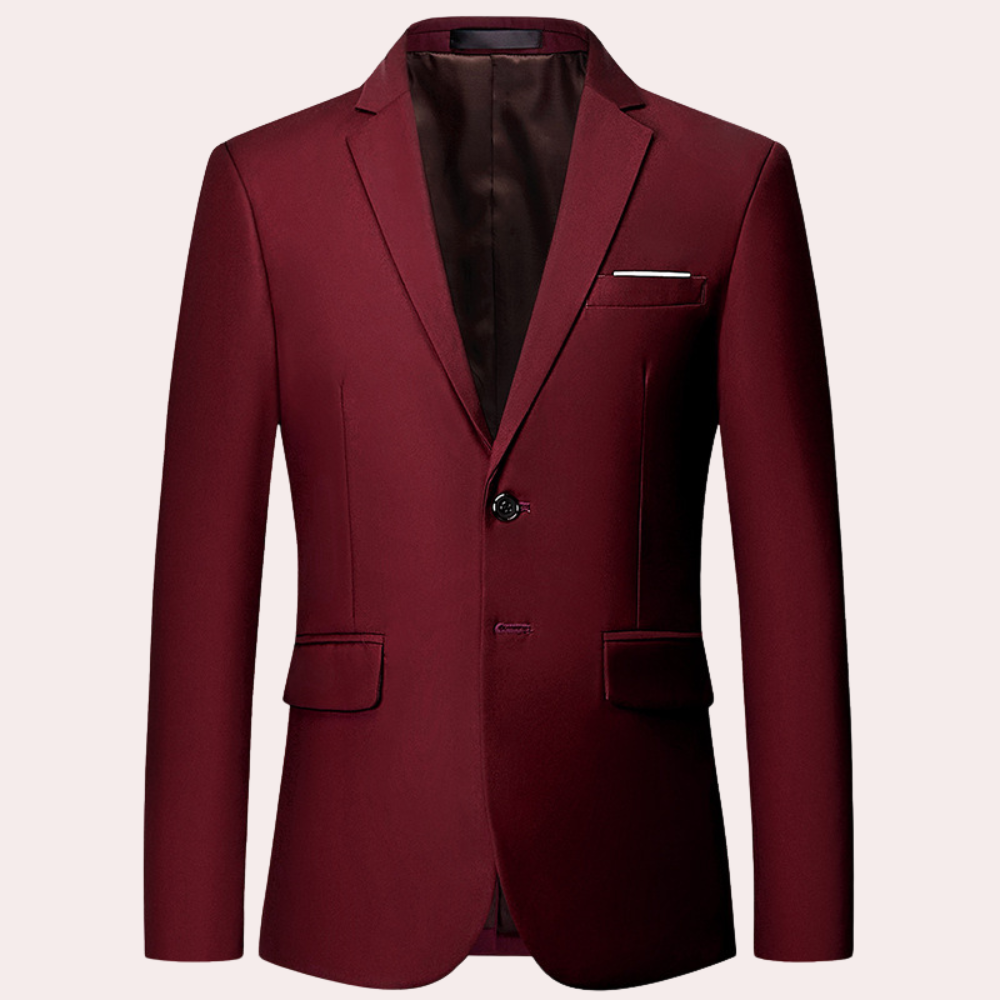 Bordeauxrotes Herren-Sakko, einreihig, elegantes Design, ideal für formelle Anlässe.