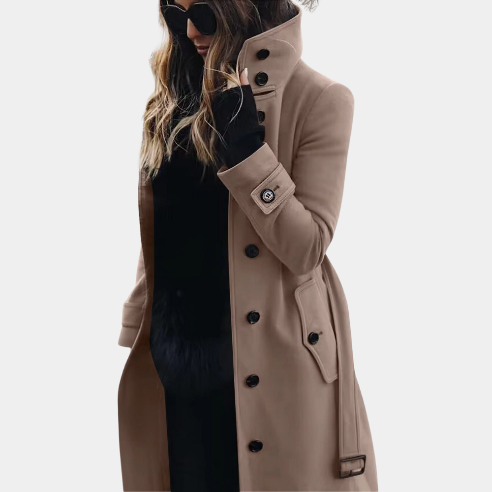 Damenmantel khaki, Knopfleiste, hoher Kragen, elegantes Design, Herbstmode, stilvoll.