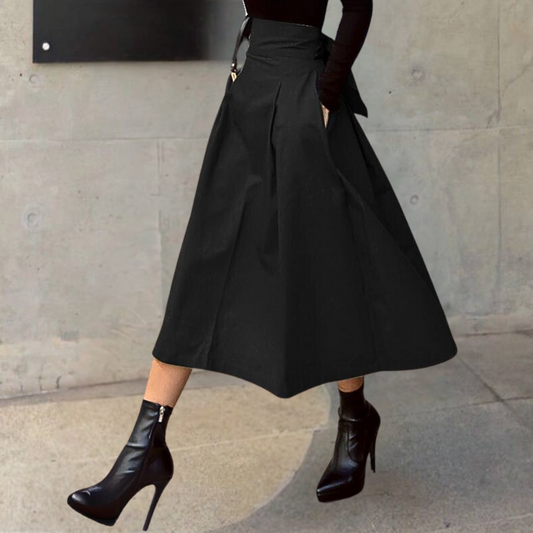 Schwarzer Midirock Damen, A-Linie, elegant, mit hoher Taille, aus Baumwolle, modisch.