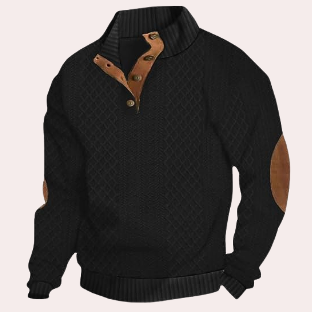 Schwarzer Strickpullover mit braunen Ellbogen-Patches und Knopfleiste, Herrenmode.