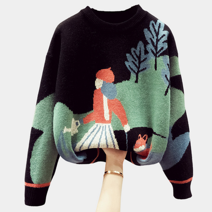 Schwarzer Pullover mit buntem Landschaftsmuster, Damenmode, Strick, Herbst/Winter, Baumwolle.