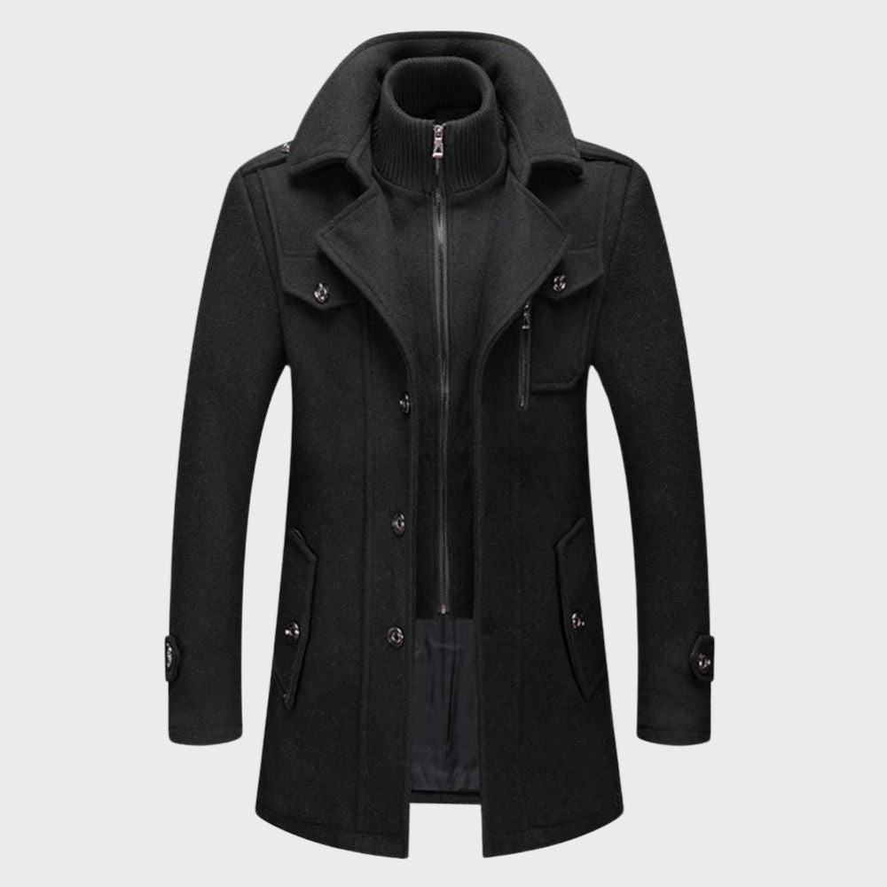 Schwarzer Herrenmantel, Wollmischung, elegantes Design, Reißverschluss, Knöpfe, Wintermode.