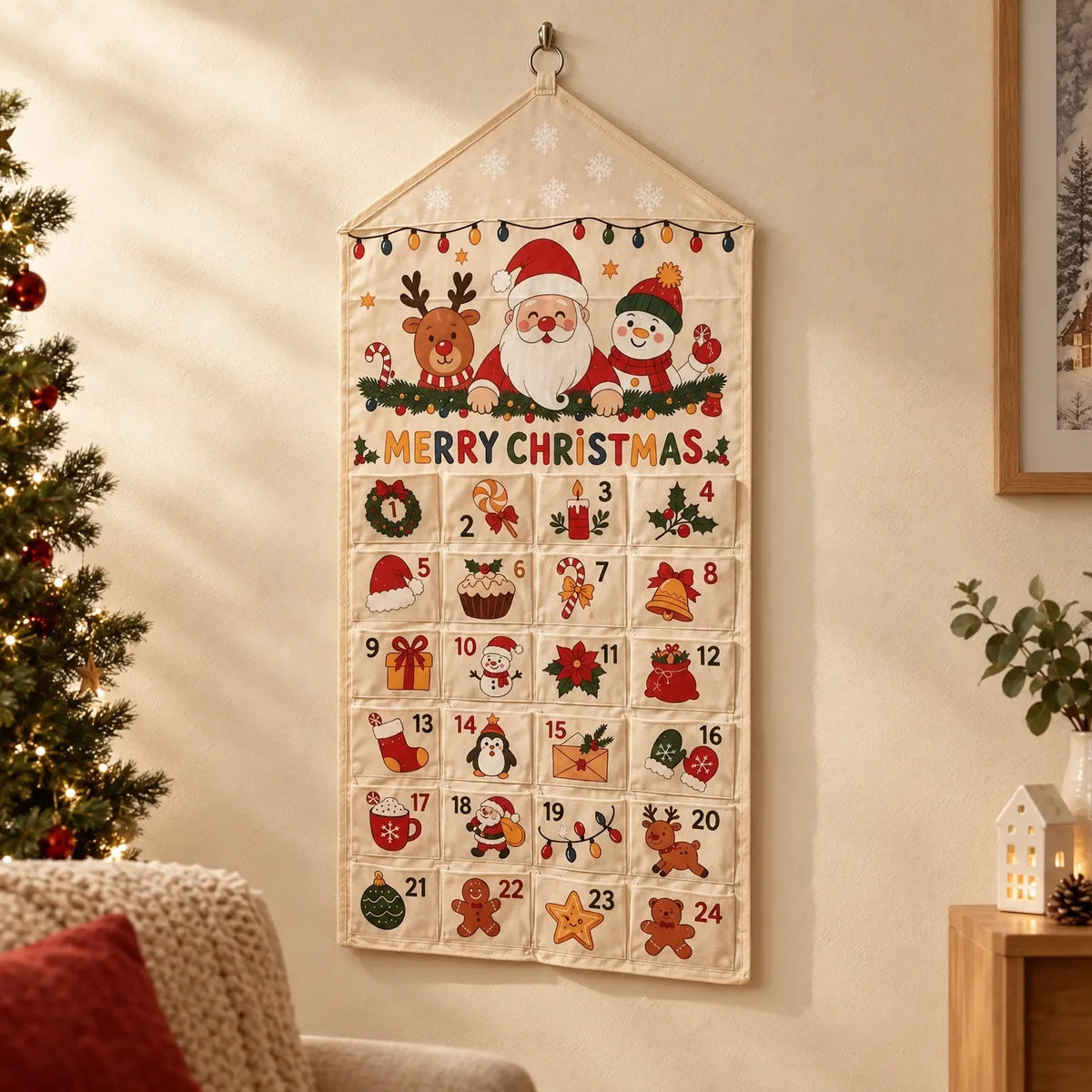 Stoff-Adventskalender mit 24 Taschen hängt an einer hellen Wand im Wohnzimmer, daneben ein geschmückter Weihnachtsbaum und ein Sessel. 1