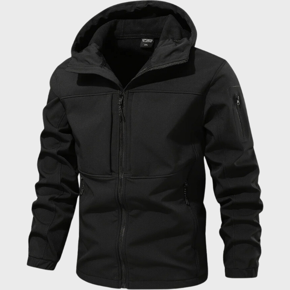 Schwarze Herren-Kapuzenjacke, Reißverschluss, Outdoor, wasserabweisend, atmungsaktiv.