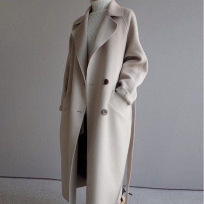 Damen-Wollmantel beige, lang, Herbst-Winter, Knöpfe, modisch, warm, eleganter Stil.