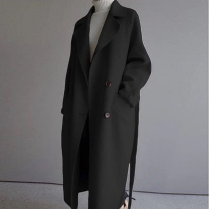 Damen Wollmantel schwarz, lang, Herbst Winter, elegant, Knöpfe, modisch, warm, koreanischer Stil.