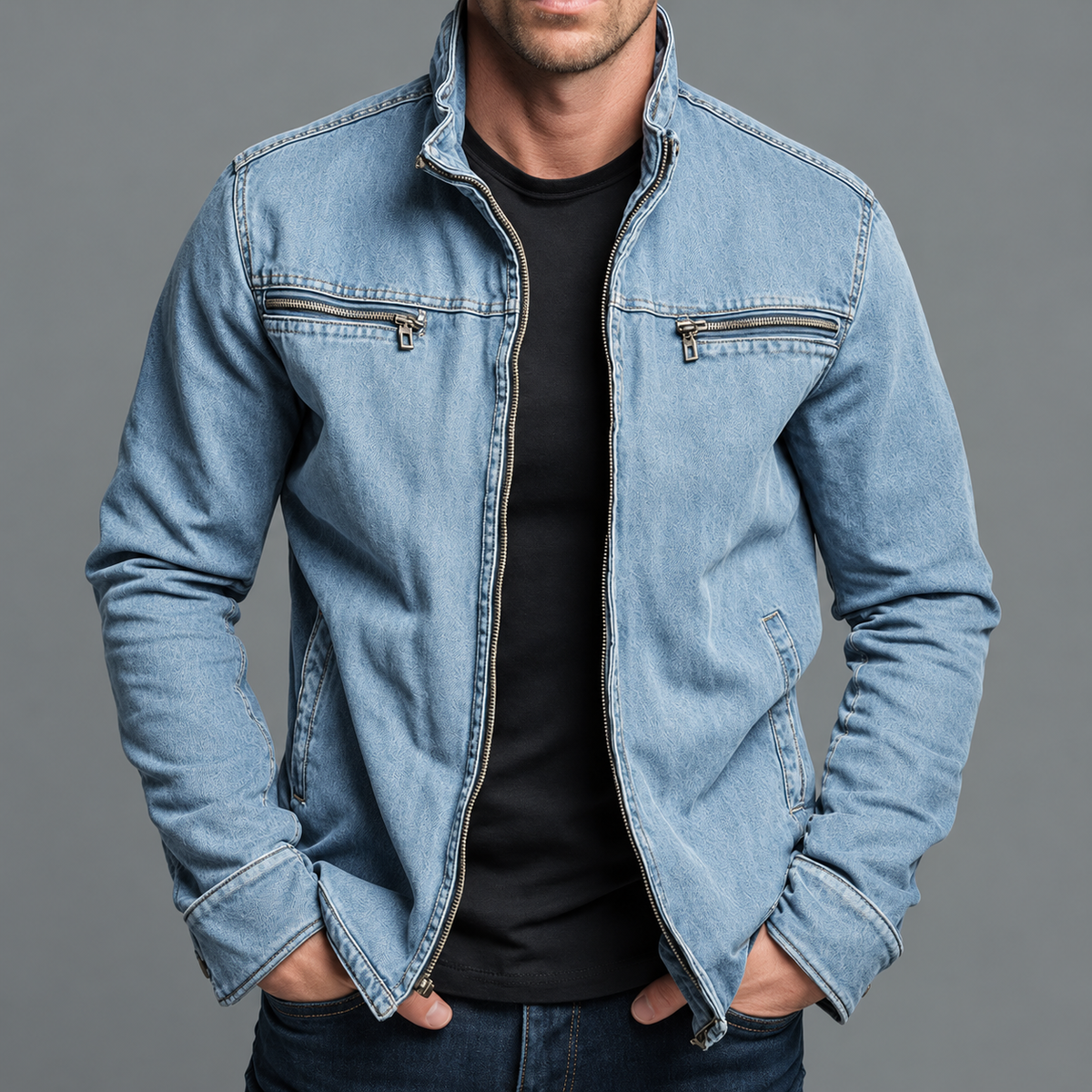 Hellblaue Jeansvariante der Jacke mit Reißverschluss, offen getragen über schwarzem Shirt vor grauem Hintergrund 7