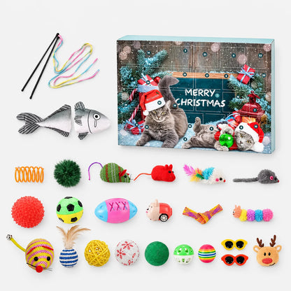 Draufsicht: Adventskalender-Schachtel mit Katzenmotiv und alle Spielzeuge einzeln ausgelegt, darunter Fisch, Mäuse, Bälle, Spiralfeder, Angelstab und Rentierfig 2