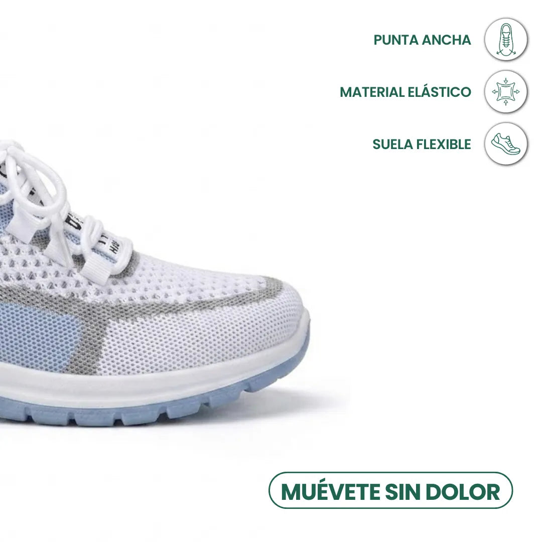 Detailaufnahme der breiten Schuhspitze des weiß-hellblauen Sneakers mit Symbolen zu elastischem Material und flexibler Sohle.