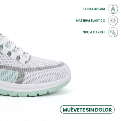 Detailaufnahme der breiten Schuhspitze des weiß-mintgrünen Sneakers mit Symbolen zu elastischem Material und flexibler Sohle.