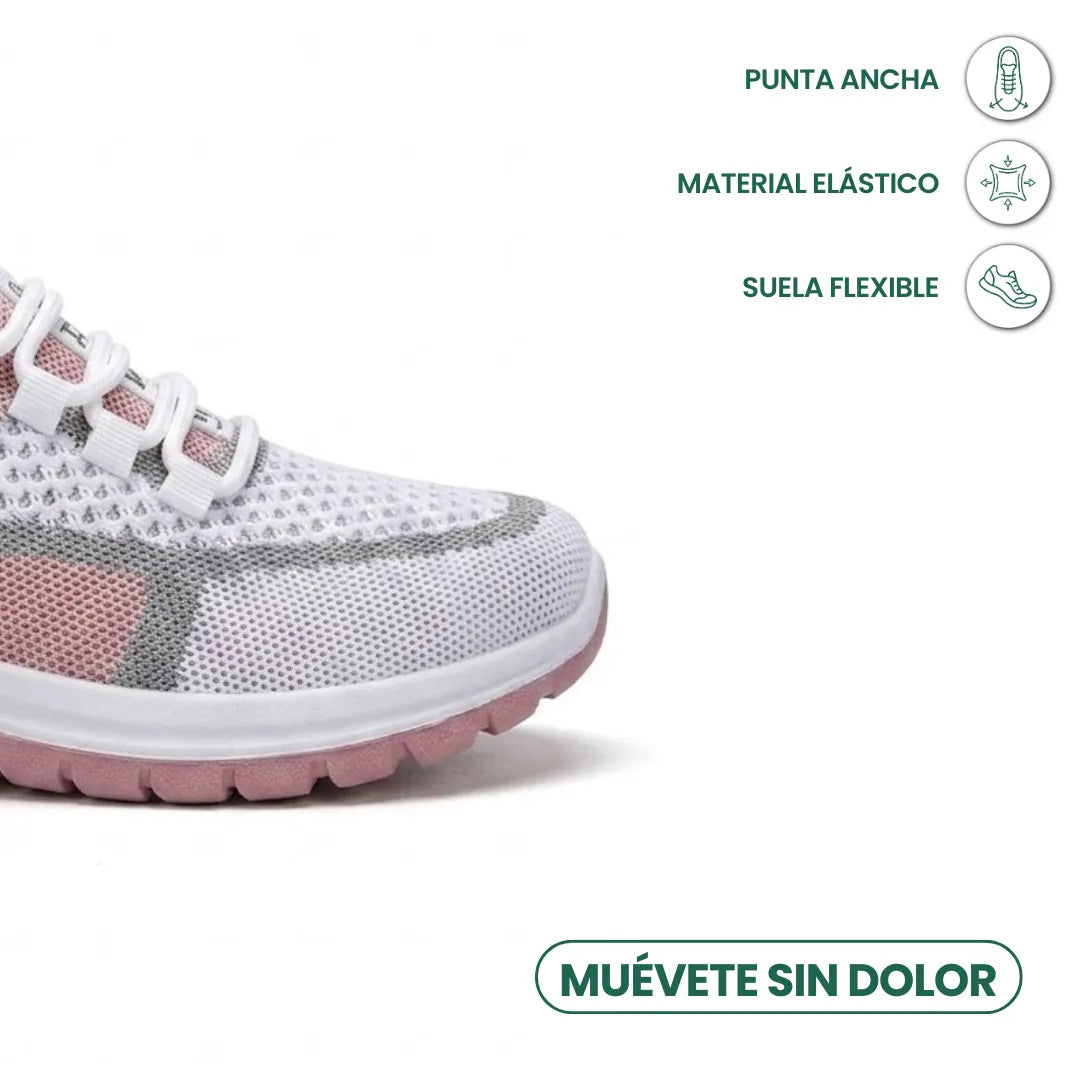 Vorderfuß des weiß-rosa-grauen Sneakers mit breiter Spitze, dehnbarem Material und flexibler Sohle, dazu Symbole 23