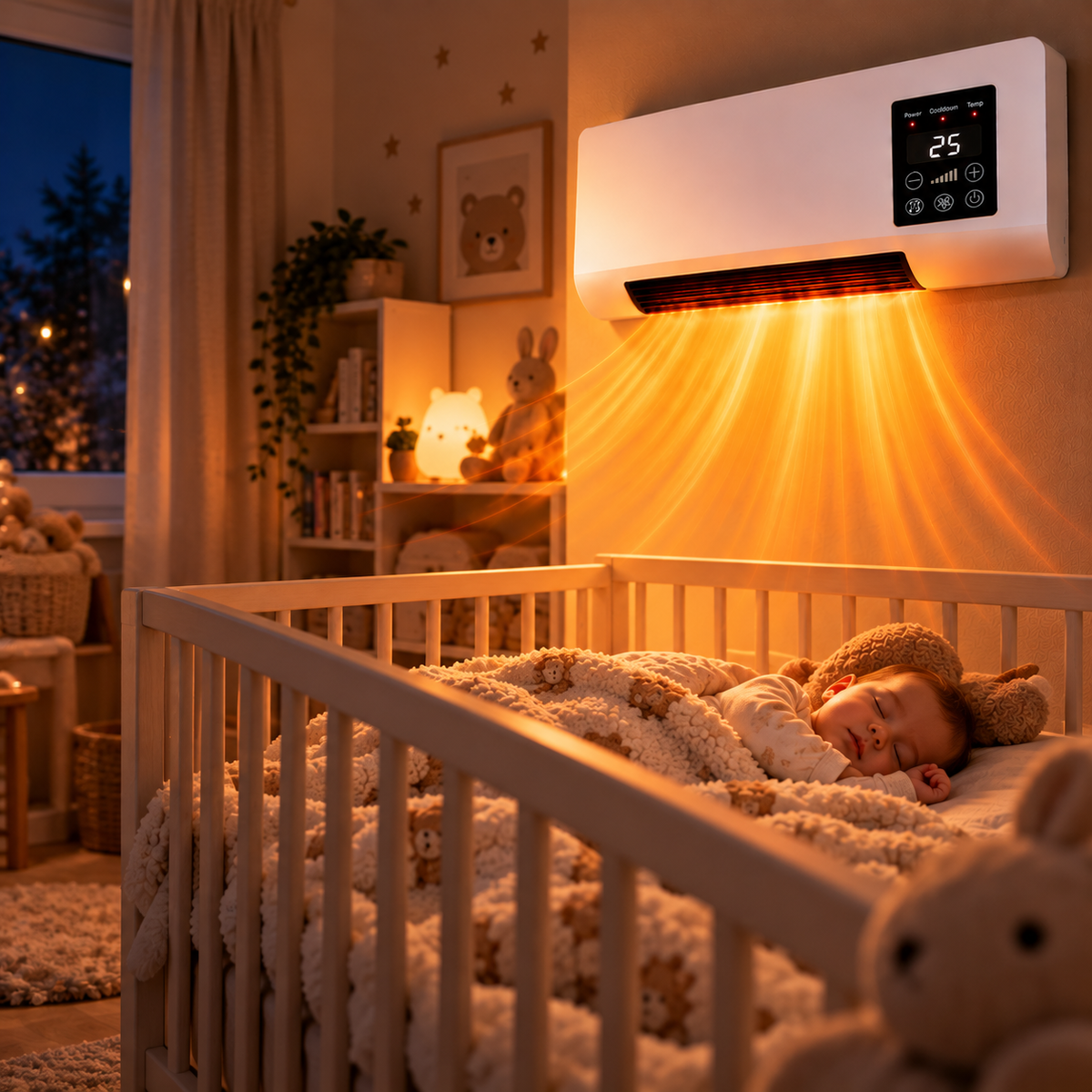 Schlafendes Baby im Kinderbett, darüber der Wandheizer mit sichtbarem Warmluftstrom im Kinderzimmer 4