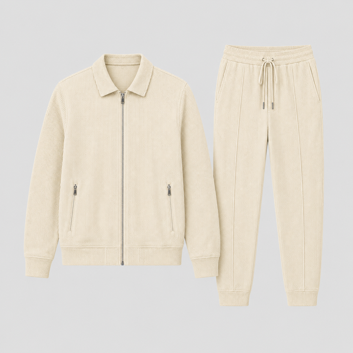 Beiges Set flach ausgelegt: Jacke mit Reißverschluss und Bündchen neben Hose mit Kordelzug 6