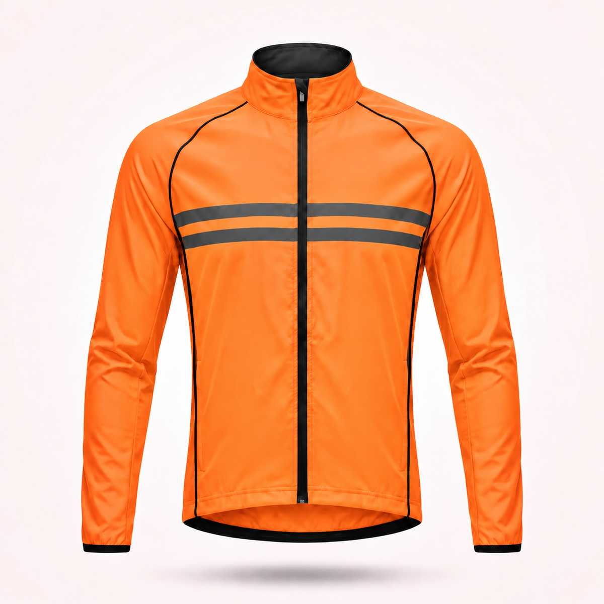 Orange Fahrradjacke ohne Kapuze in der Frontansicht mit schwarzem Reißverschluss, schwarzen Nähten und zwei grauen Reflexstreifen. 15