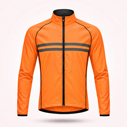 Orange Fahrradjacke ohne Kapuze in der Frontansicht mit schwarzem Reißverschluss, schwarzen Nähten und zwei grauen Reflexstreifen. 15