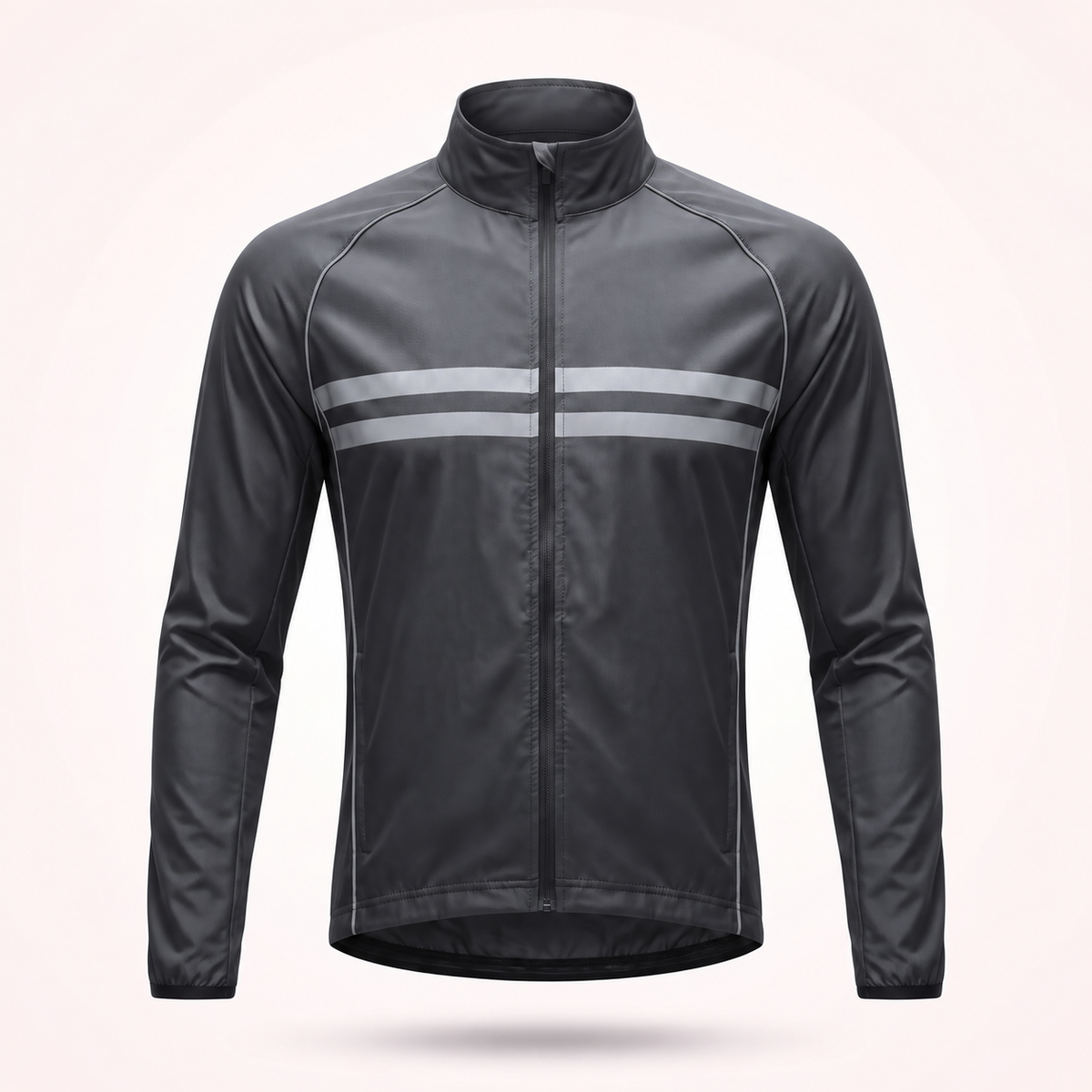 Schwarz-graue Fahrradjacke in der Frontansicht mit Stehkragen, durchgehendem Reißverschluss und zwei breiten reflektierenden Streifen auf der Brust. 1
