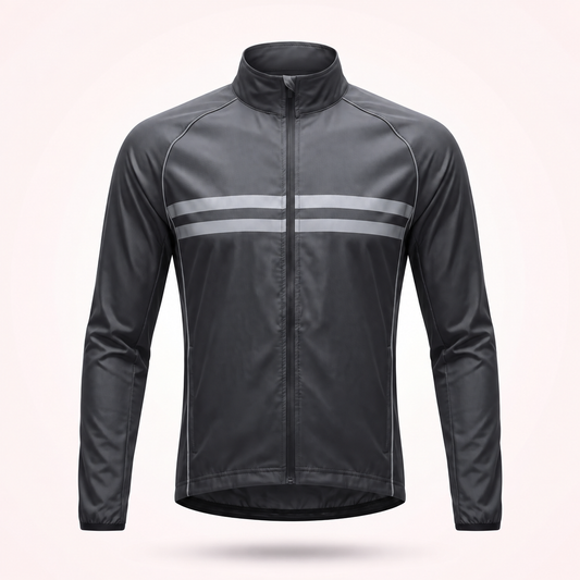 Schwarz-graue Fahrradjacke in der Frontansicht mit Stehkragen, durchgehendem Reißverschluss und zwei breiten reflektierenden Streifen auf der Brust. 1
