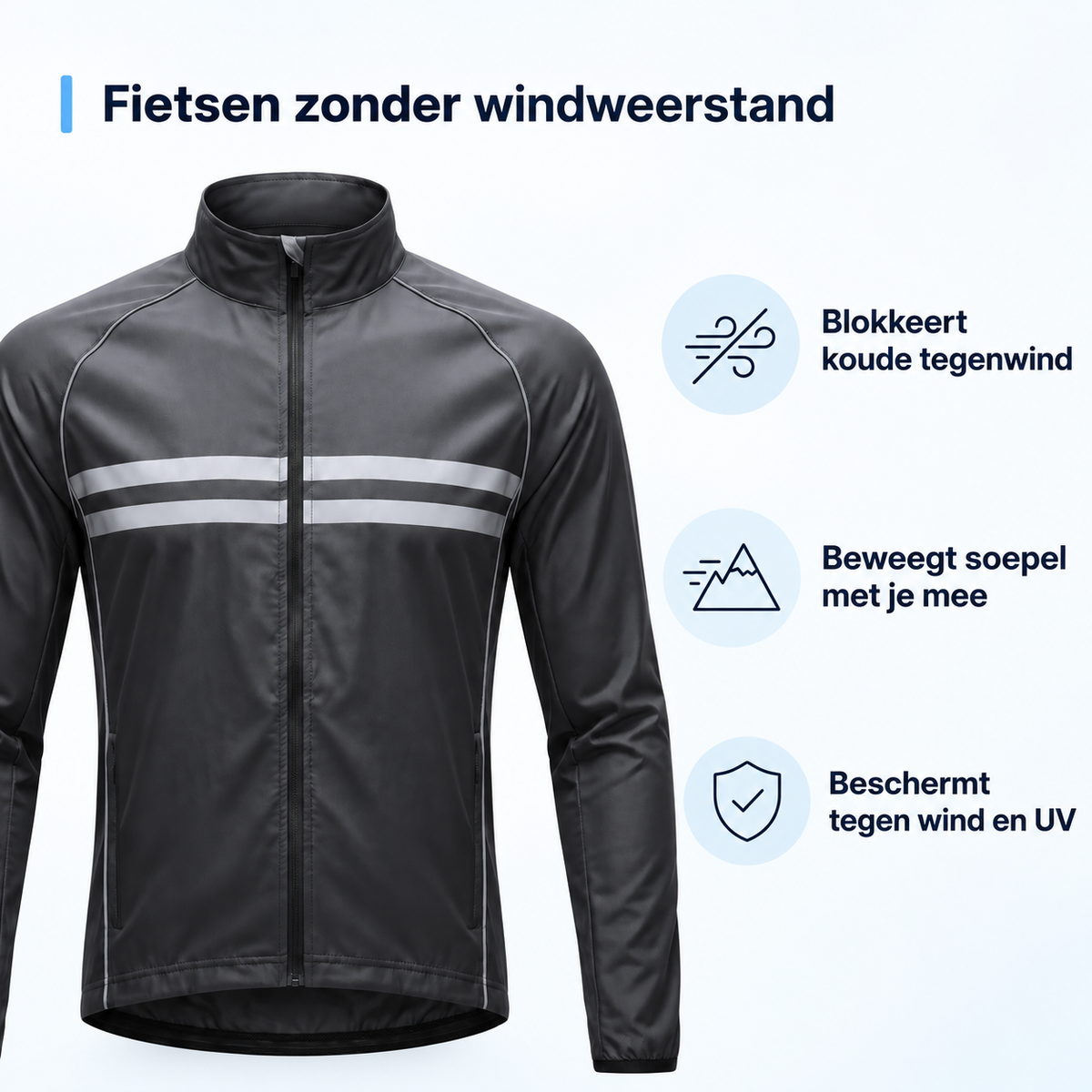 Dunkle Fahrradjacke frontal auf hellem Hintergrund, daneben drei Symbole zu Windschutz, Bewegungsfreiheit und UV-Schutz. 3