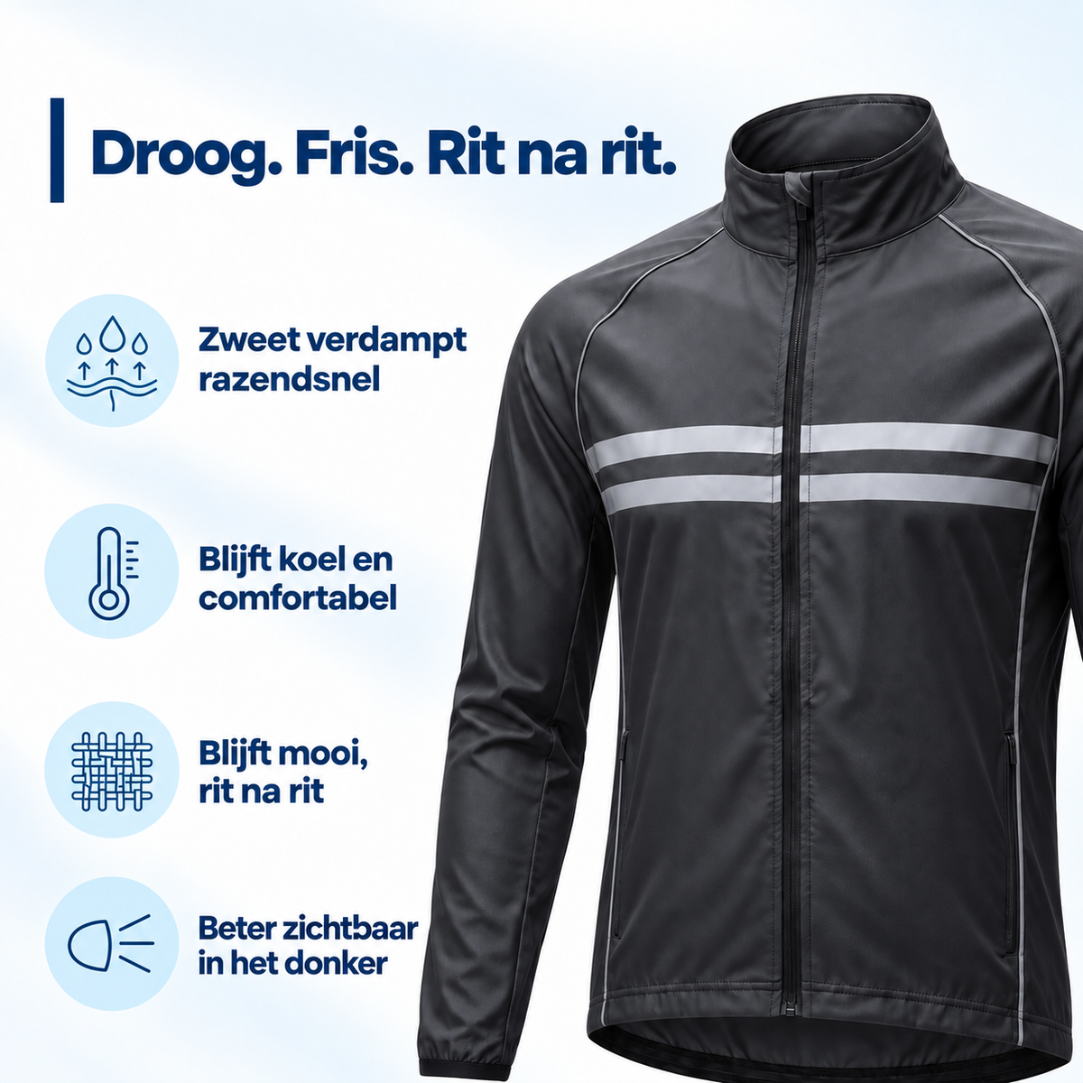 Schräg abgebildete schwarze Jacke mit reflektierenden Streifen, links vier Symbole zu schnellem Trocknen, Komfort, Haltbarkeit und Sichtbarkeit im Dunkeln. 4