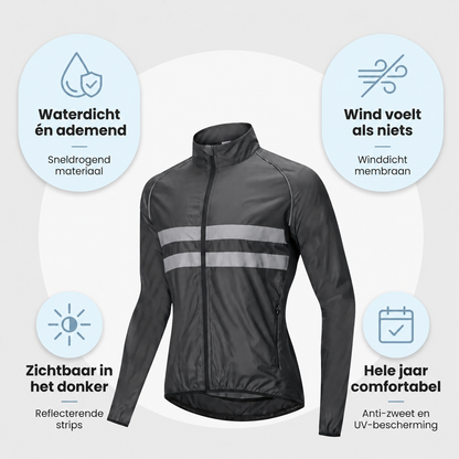 Schwarze Jacke mit zwei Reflexstreifen in der Mitte, umgeben von vier Symbolen zu Wasserdichtigkeit, Winddichtigkeit, Sichtbarkeit und Ganzjahrestauglichkeit. 7