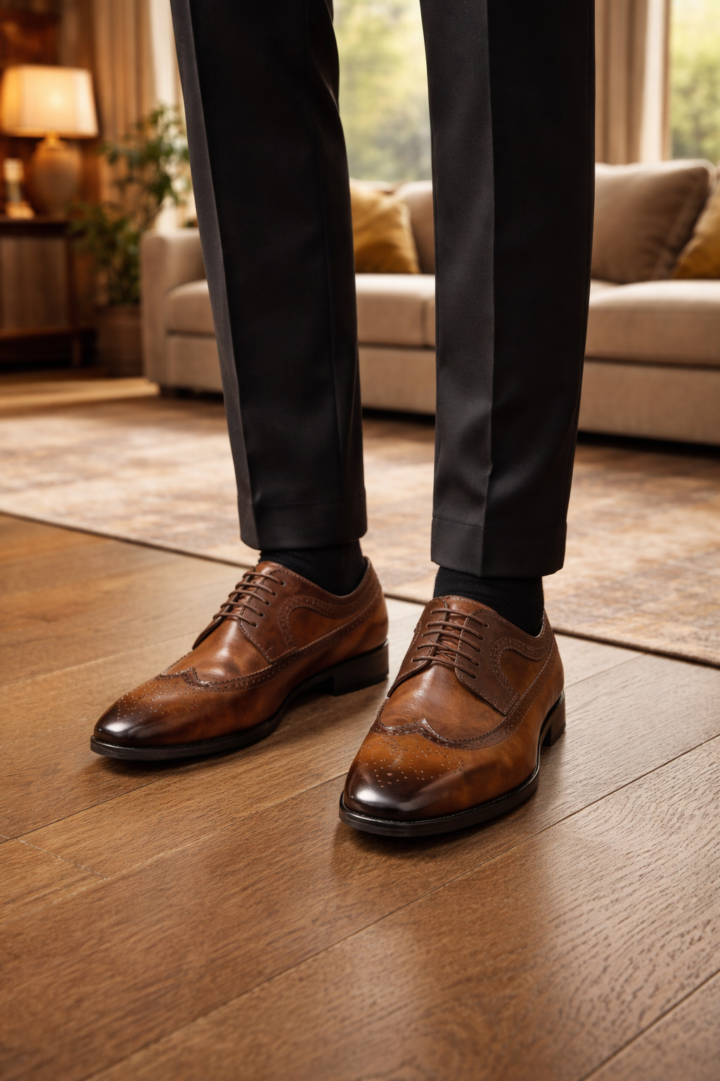 Braune Brogue-Schnürschuhe aus Leder, getragen zu dunkler Anzughose und schwarzen Socken, im Wohnzimmer auf Holzboden. 1