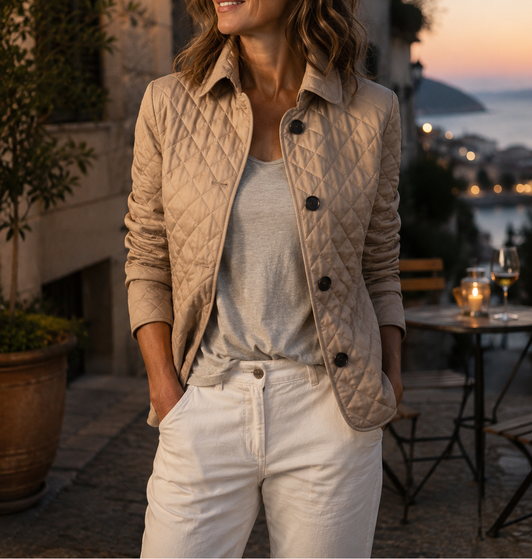 Beige Steppjacke, getragen mit hellem Shirt und weißer Hose auf einer Terrasse am Abend 2