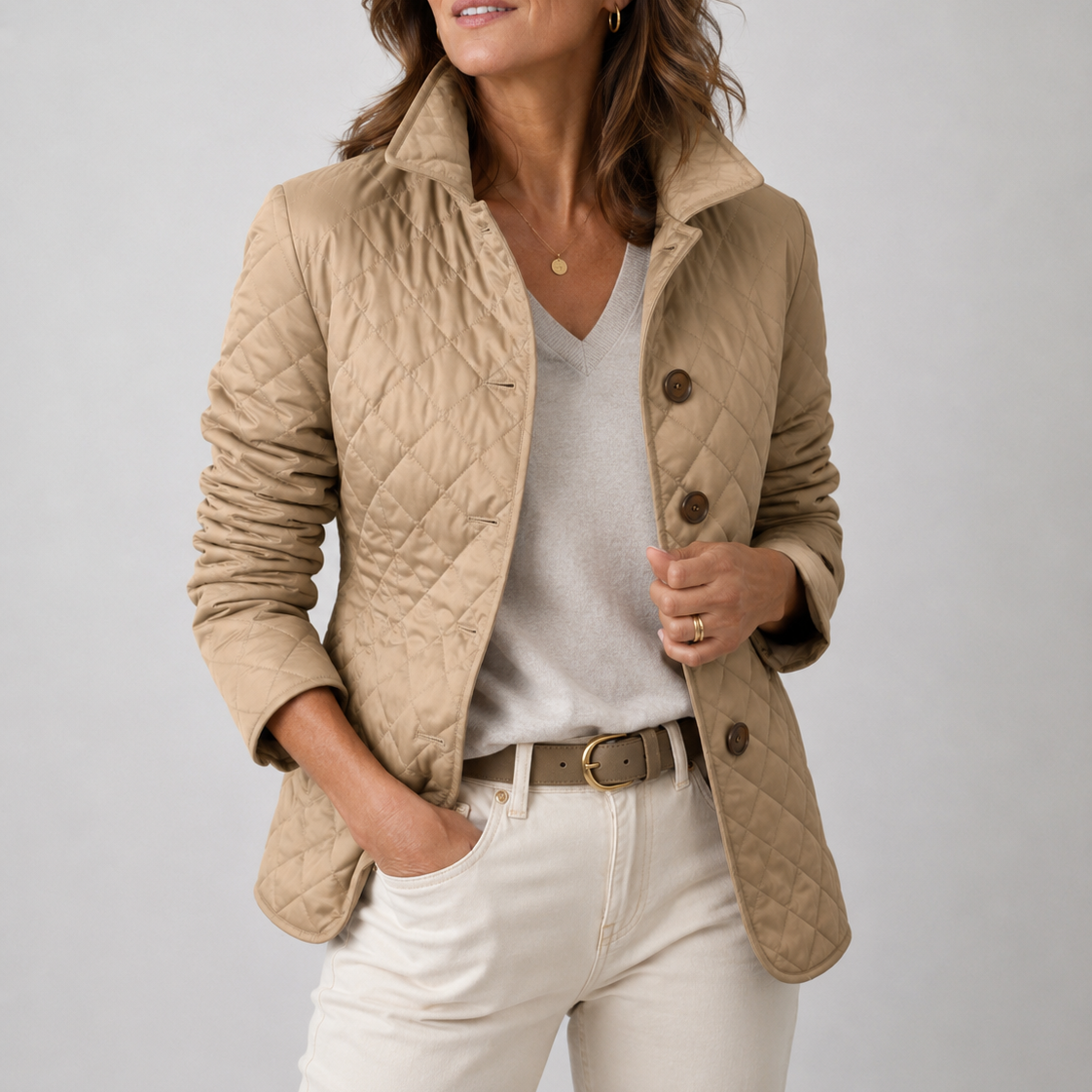 Beige Steppjacke mit Rautenmuster und Hornknöpfen, getragen mit grauem Pullover und heller Jeans 1