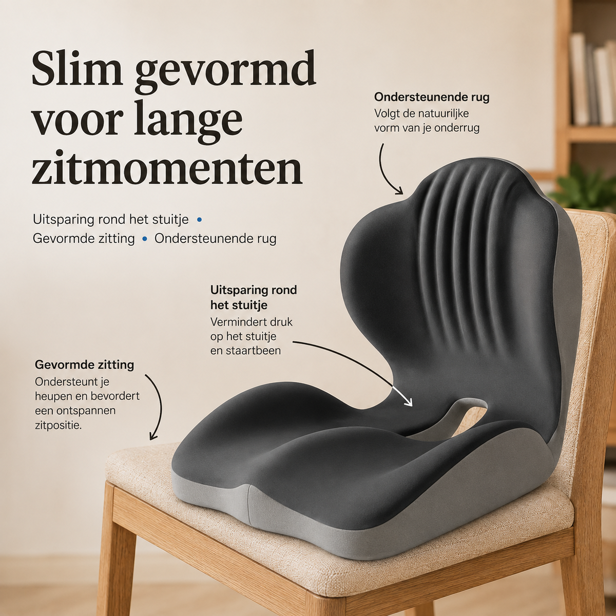 Sitzkissen auf einem Stuhl mit Pfeilen zu Rückenstütze, Aussparung am Steißbein und geformter Sitzfläche 7