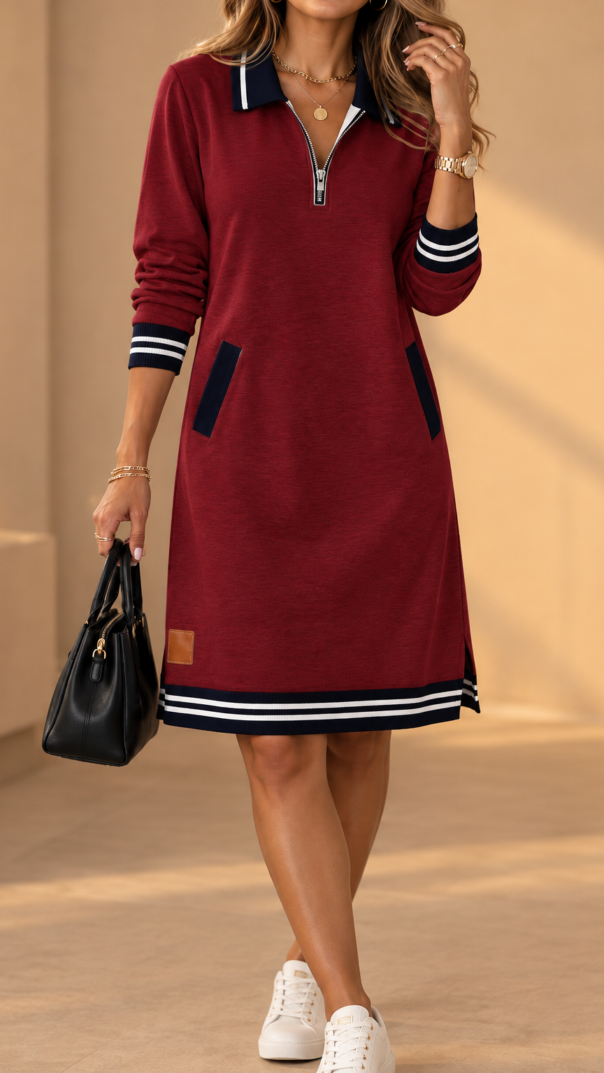 Weinrotes Polokleid mit dunklem Kragen und Streifenabschlüssen, another view.