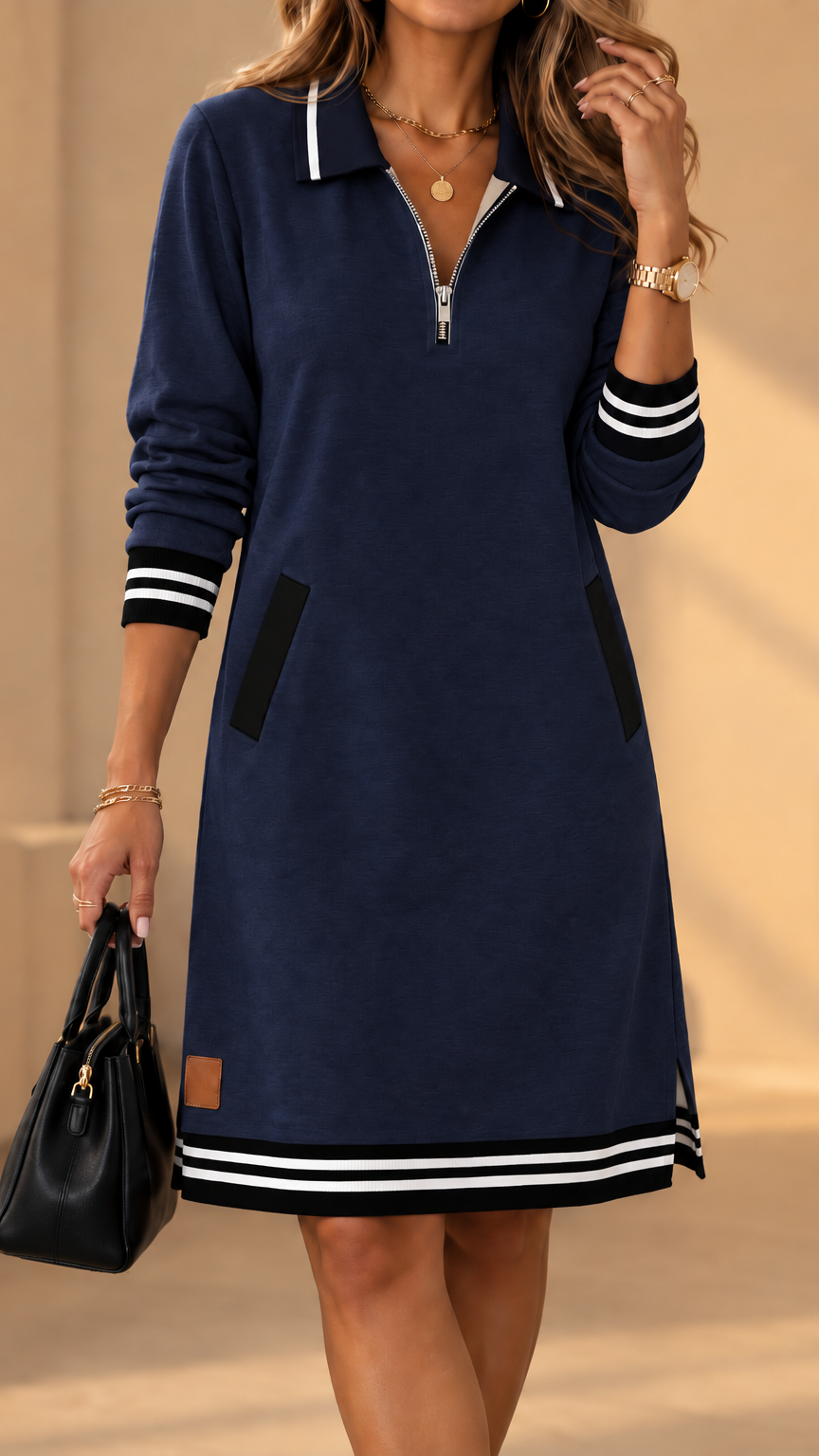 Marineblaues Polokleid mit Streifenbündchen und Reißverschluss am Ausschnitt, Detail.