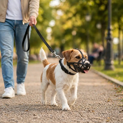 Kleiner braun-weißer Hund mit Maulkorb neben seinem Besitzer im Park