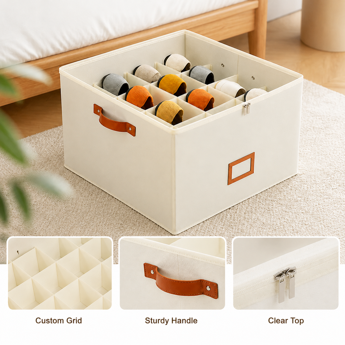 Beiger Schuh-Organizer, Detail mit Fachaufteilung, Henkel und Reißverschluss.