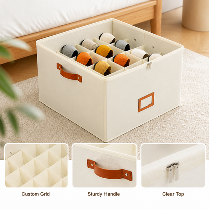 Beiger Schuh-Organizer, Detail mit Fachaufteilung, Henkel und Reißverschluss.