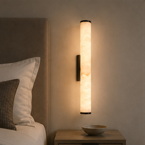Warm leuchtende Wandleuchte mit Marmorschirm über einem Holznachttisch