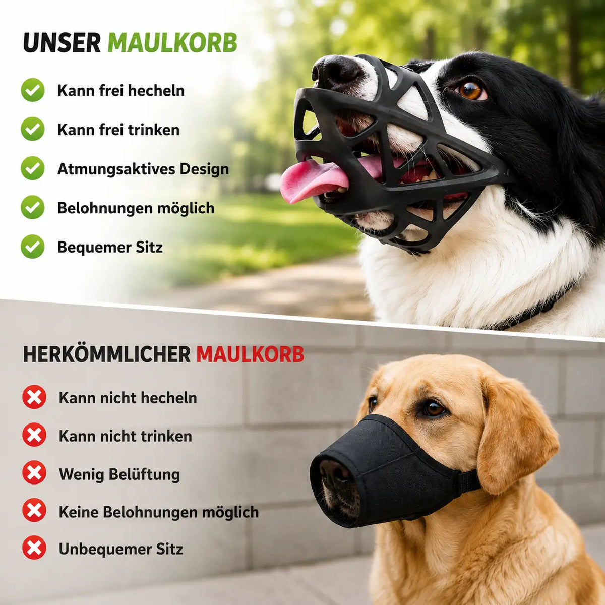 Vergleichsgrafik mit Hundemaulkorb und Stoffmaulkorb