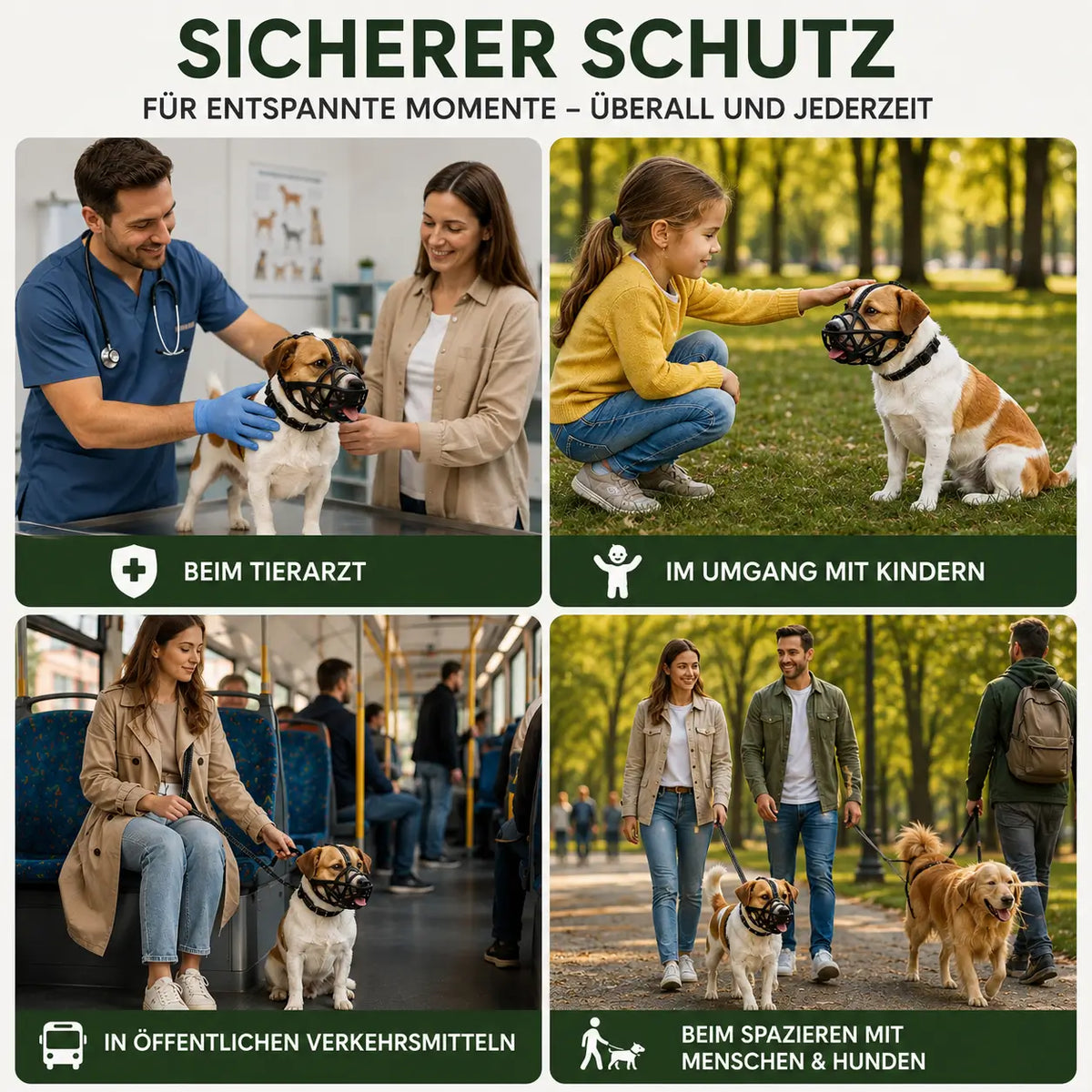 Hund mit Maulkorb in vier Alltagsszenen, Detail