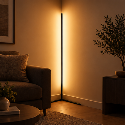 Schwarze LED-Eck-Stehlampe im Wohnzimmer, taucht die Wand neben Sofa, Couchtisch und Zimmerpflanze in warmes Licht. 1