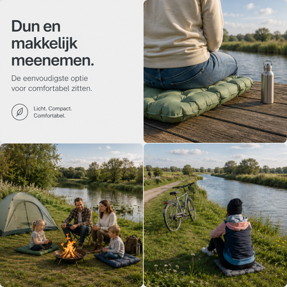 Collage mit drei Outdoor-Szenen: Sitzkissen auf einem Steg, Familie am Lagerfeuer und Frau mit Fahrrad am Flussufer