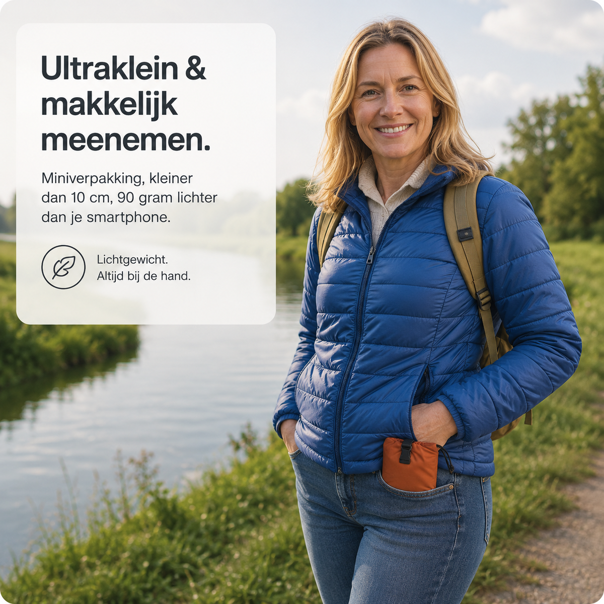 Lächelnde Frau in blauer Steppjacke am Flussufer, aus ihrer Jeanstasche ragt das zusammengepackte Kissen im orangefarbenen Beutel