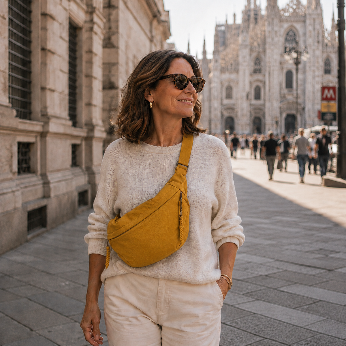 Lächelnde Frau mit Sonnenbrille trägt die ockerfarbene Tasche als Crossbody-Bauchtasche vor einer großen gotischen Kathedrale. 4