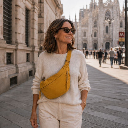 Lächelnde Frau mit Sonnenbrille trägt die ockerfarbene Tasche als Crossbody-Bauchtasche vor einer großen gotischen Kathedrale. 4