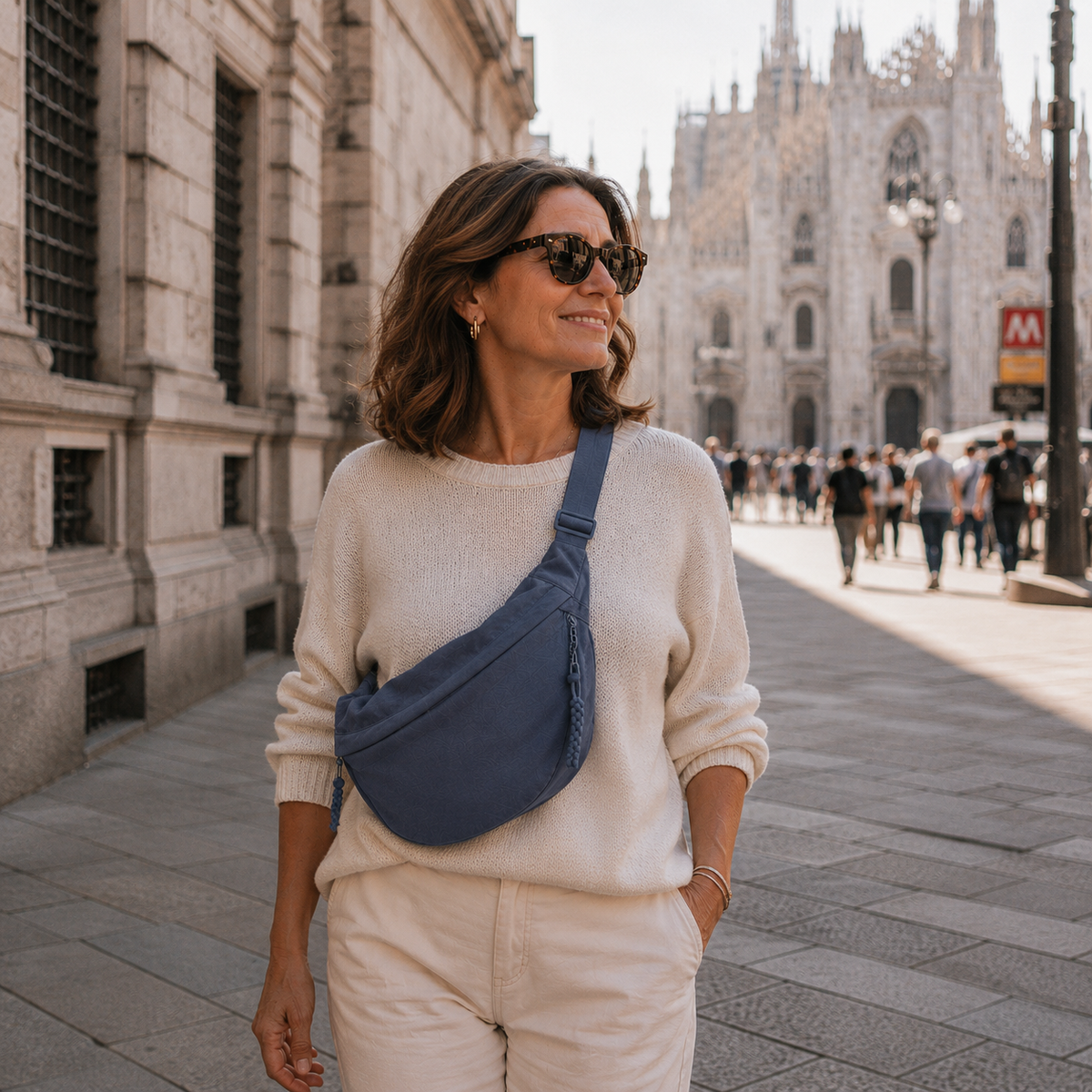 Blaue Tasche quer über der Brust getragen, im Hintergrund eine gotische Kathedrale