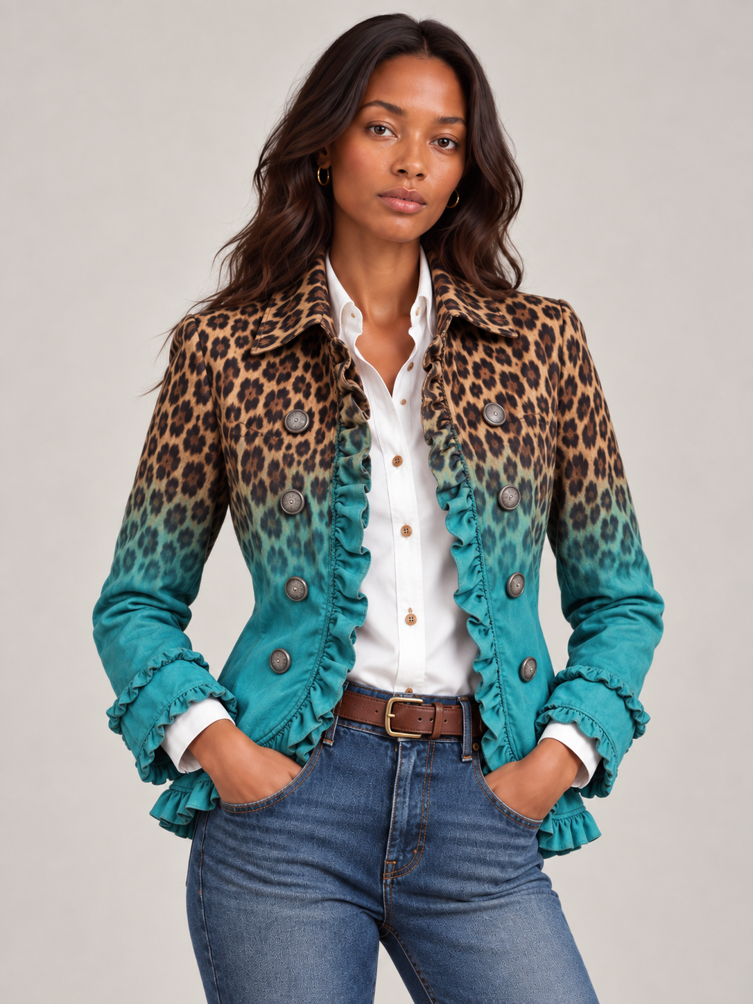 Türkiser Blazer mit Leopardenmuster-Verlauf, Rüschen und zweireihiger Knopfleiste von vorn
